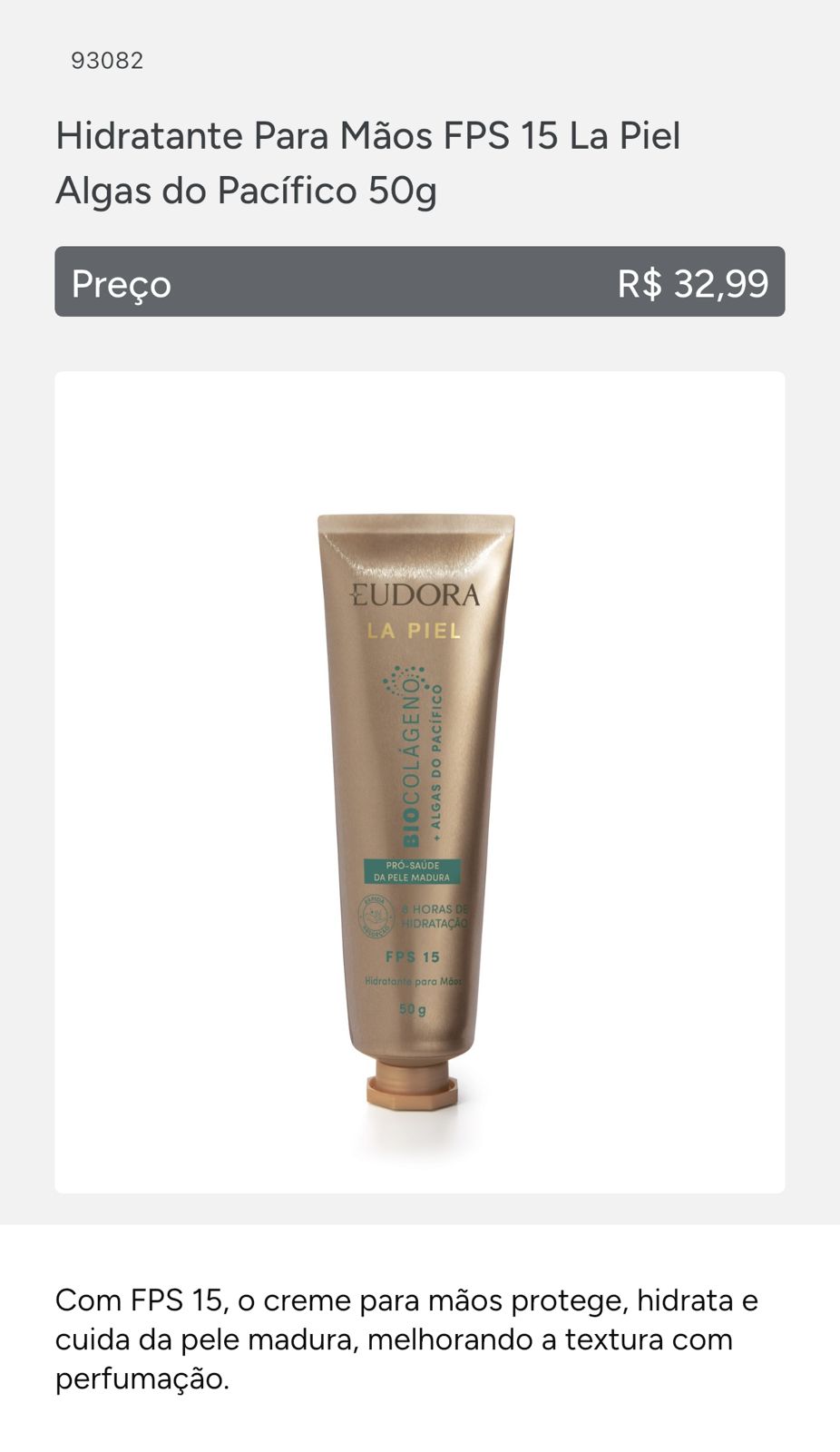 Hidratante de Mãos EUDORA FPS15